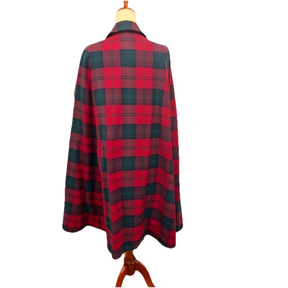 Burberry 1960s Reversible Trench Gabardine & Wool Plaid Cape Coat Red Navy OSFA - Picture 3 of 14